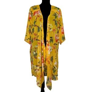 Emory Park‎ Yellow Floral Kimono Sz L Lace Trim Beach Cover Up Bloomcore